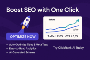 Promotional banner for ClickRank AI showing a rocket launching, a “Boost SEO with One Click” headline, an Optimize Now button, a before-and-after traffic growth chart, and bullet points highlighting auto-optimization, easy-to-read analytics, and AI-generated schema.