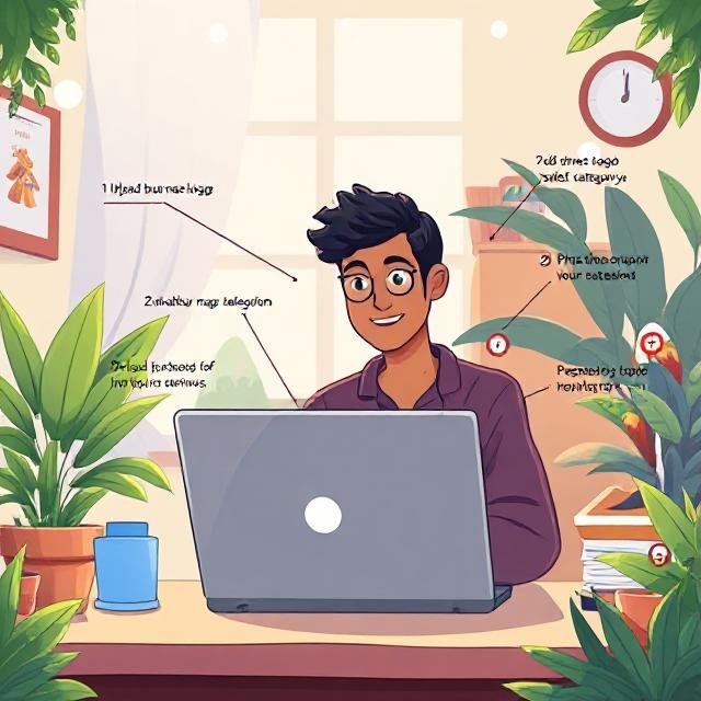An illustrated step-by-step guide scene showing a local business owner (diverse, friendly, mid-30s) setting up and optimizing their Google Business Profile. The setting is a cozy, well-lit workspace with a laptop open to the Google Business dashboard. Around the main character are labeled callouts and visual elements representing key steps: uploading a business logo, adding store hours, selecting categories, pinning a map location, uploading photos of the storefront, and responding to reviews. Include icons like a map pin, stars for reviews, camera, clock, and checklist. The overall vibe should be warm, encouraging, and tech-savvy—perfect for a small or local business audience.