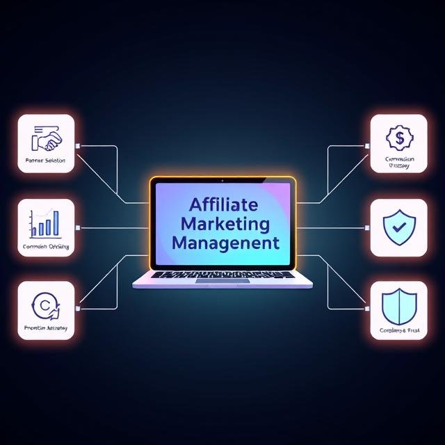 Infographic illustrating affiliate marketing management concepts for small businesses, with sections on tracking, optimization, and revenue growth