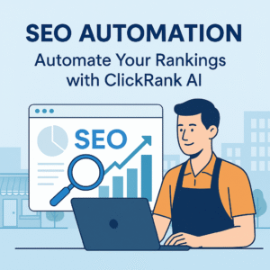 Flat digital illustration showing a small business owner using ClickRank AI SEO automation dashboard to improve website rankings and traffic.