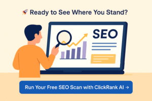 Flat-style digital illustration showing a small business owner analyzing SEO performance on a laptop, with a call-to-action button reading 
